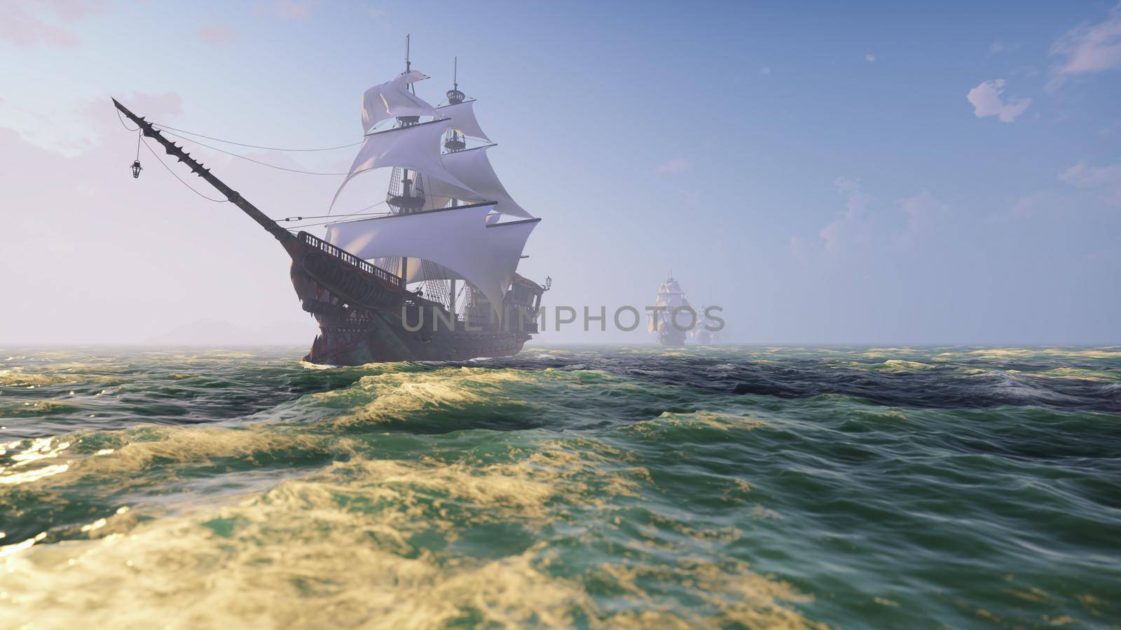 Medieval Wooden boats on the sea on a Sunny day. Pirates sailing down the sea on a ship. 3D Rendering by designprojects