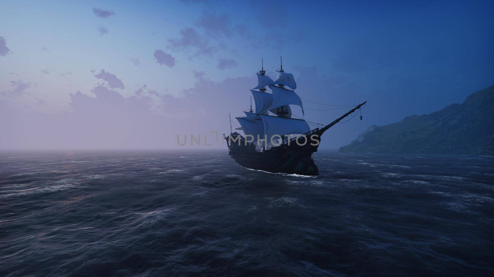 A large medieval ship in the sea in the fog floats to a desert rocky island. 3D Rendering by designprojects
