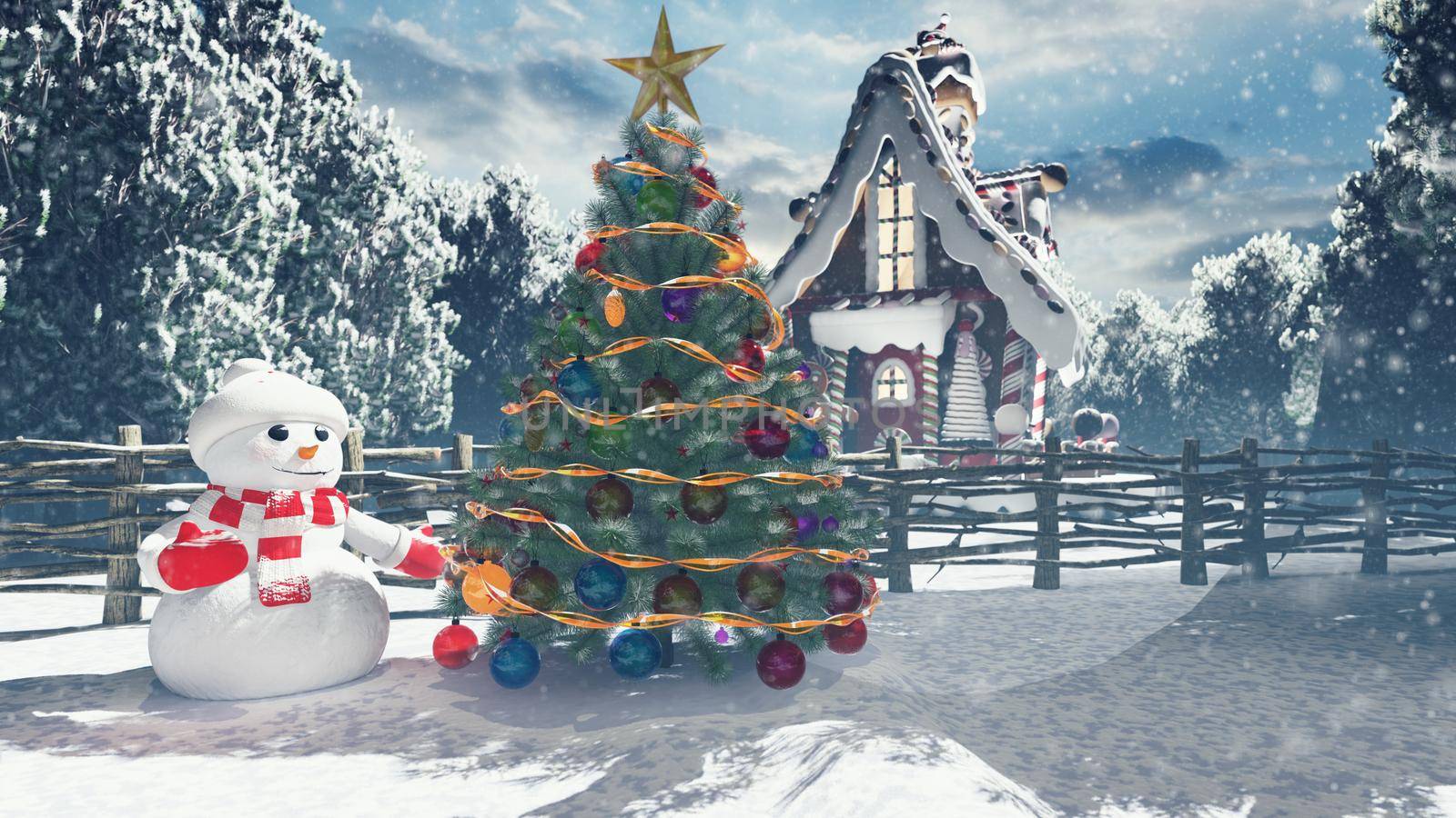 Christmas snowman in a snowy enchanted forest and a gingerbread man in the fairy house. Christmas and New year 3D rendering. by designprojects