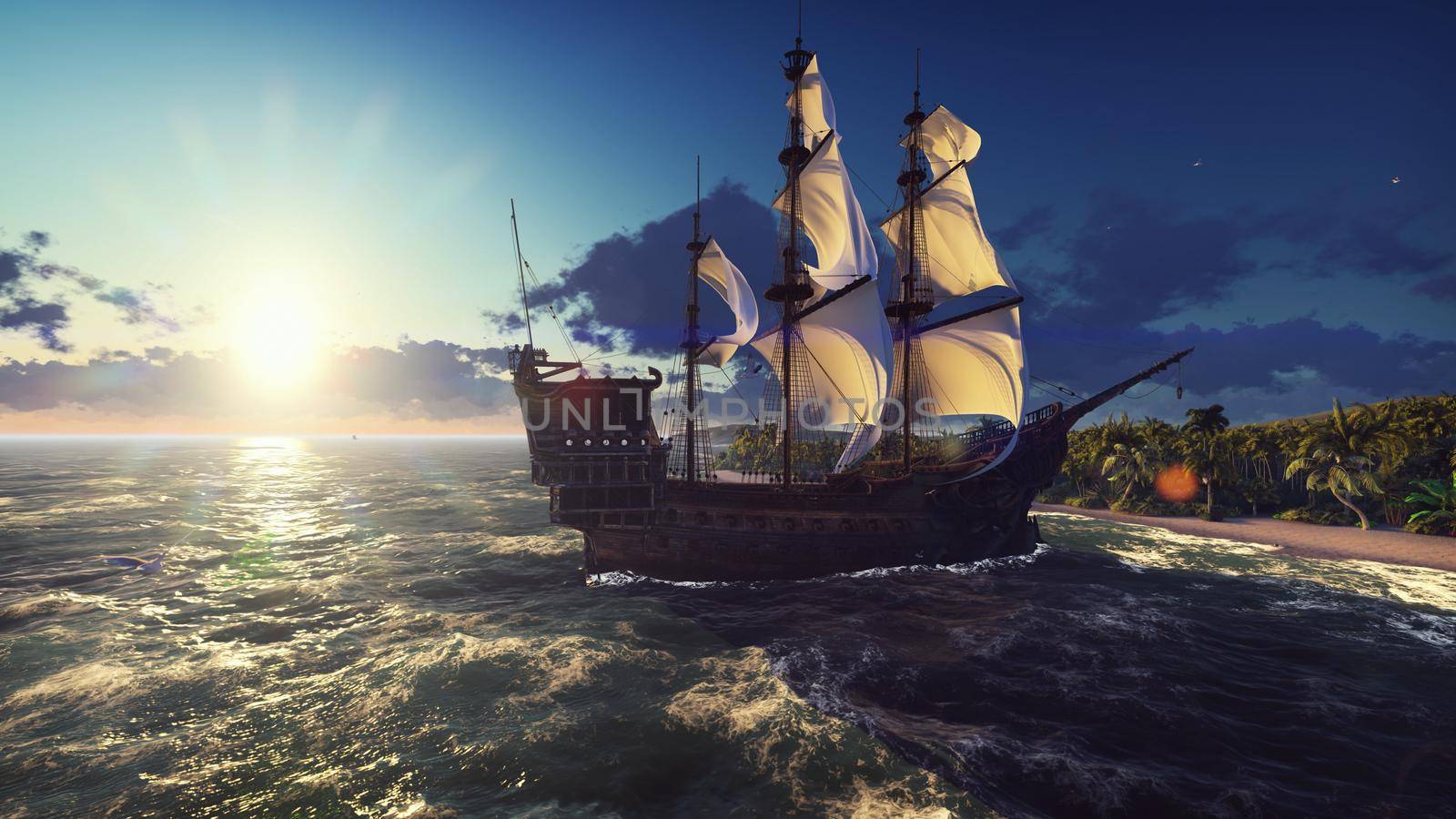 A large medieval ship in the ocean at sunset. An ancient medieval ship docked near a deserted tropical island.
