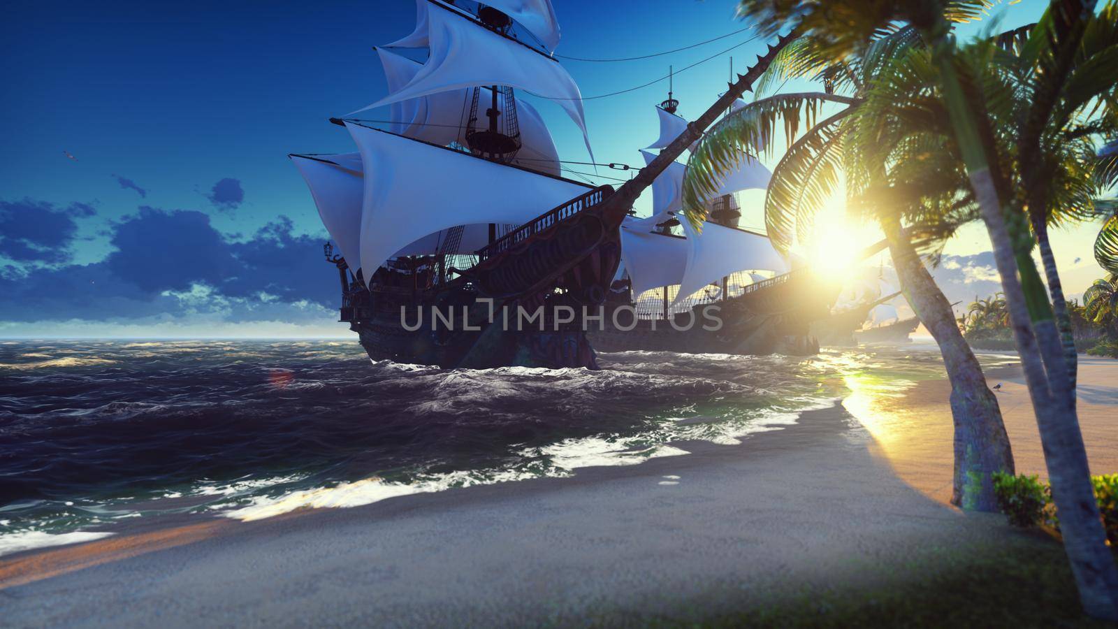 A large medieval ships at sea at sunrise. An ancient medieval ships moored near a desert tropical island. 3D Rendering by designprojects