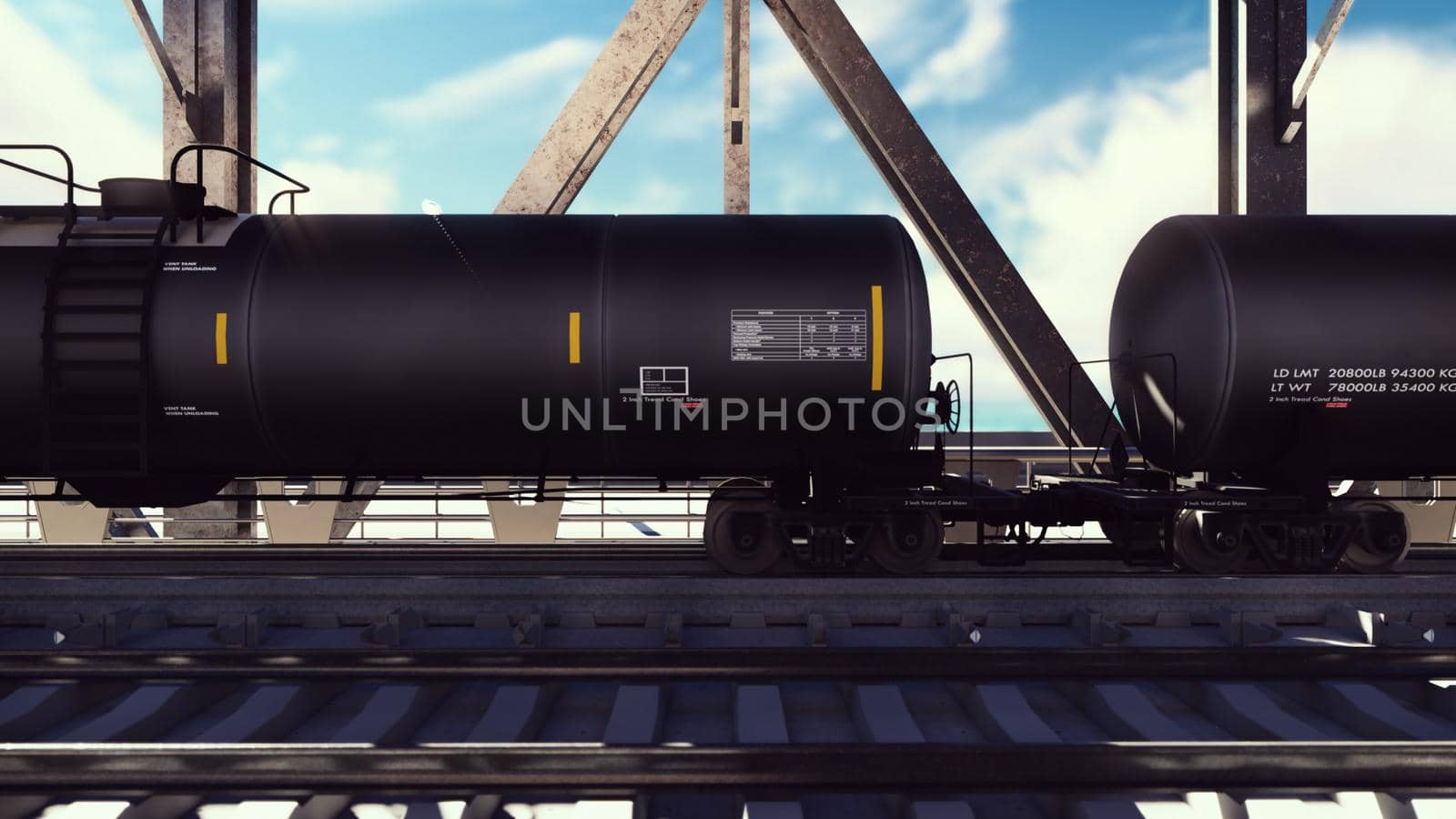 Rail tank cars with oil on the rails at sunrise. Train transportation of tankers. The container of the liquid fuel oil. Heavy industry, trade, transport. 3D Rendering by designprojects