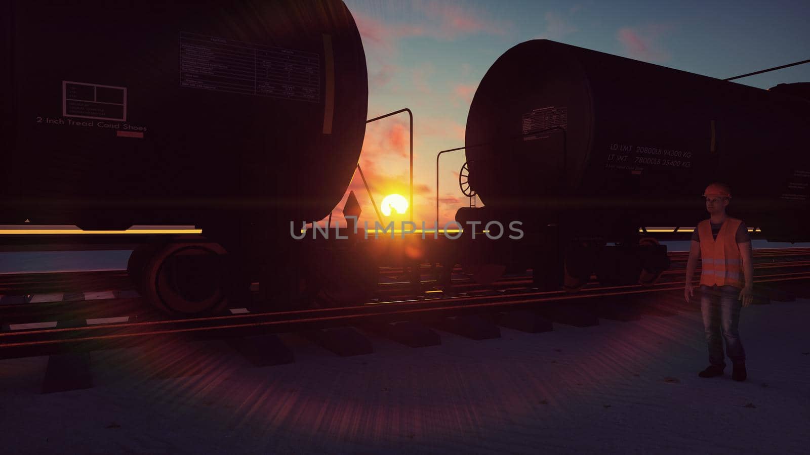 Oil worker walks past the railway with Rail tank cars driving on it at sunset. 3D Rendering by designprojects