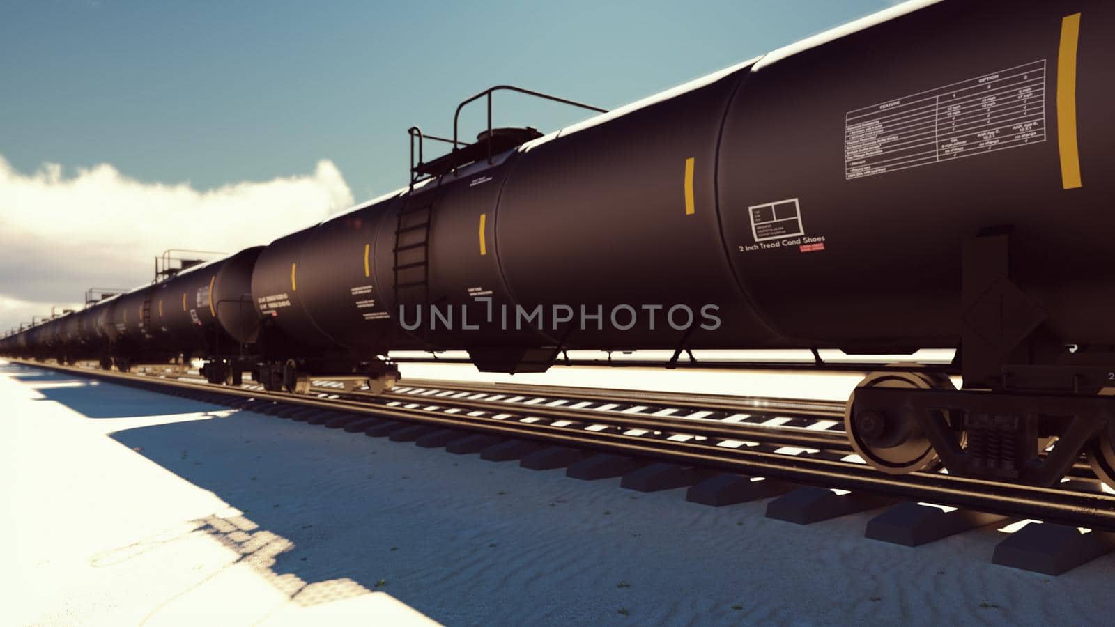 The camera flies past the railroad with cisterns passing through it with oil. 3D Rendering by designprojects