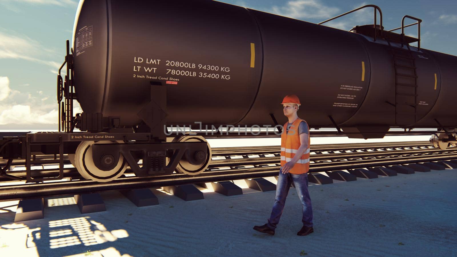 Oil worker walks past the railway with Rail tank cars driving on it. 3D Rendering by designprojects