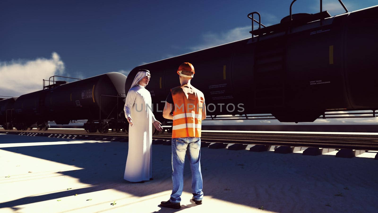 Oil worker and Arab Sheikh talking on the background of a passing Rail tank cars with oil. 3D Rendering by designprojects