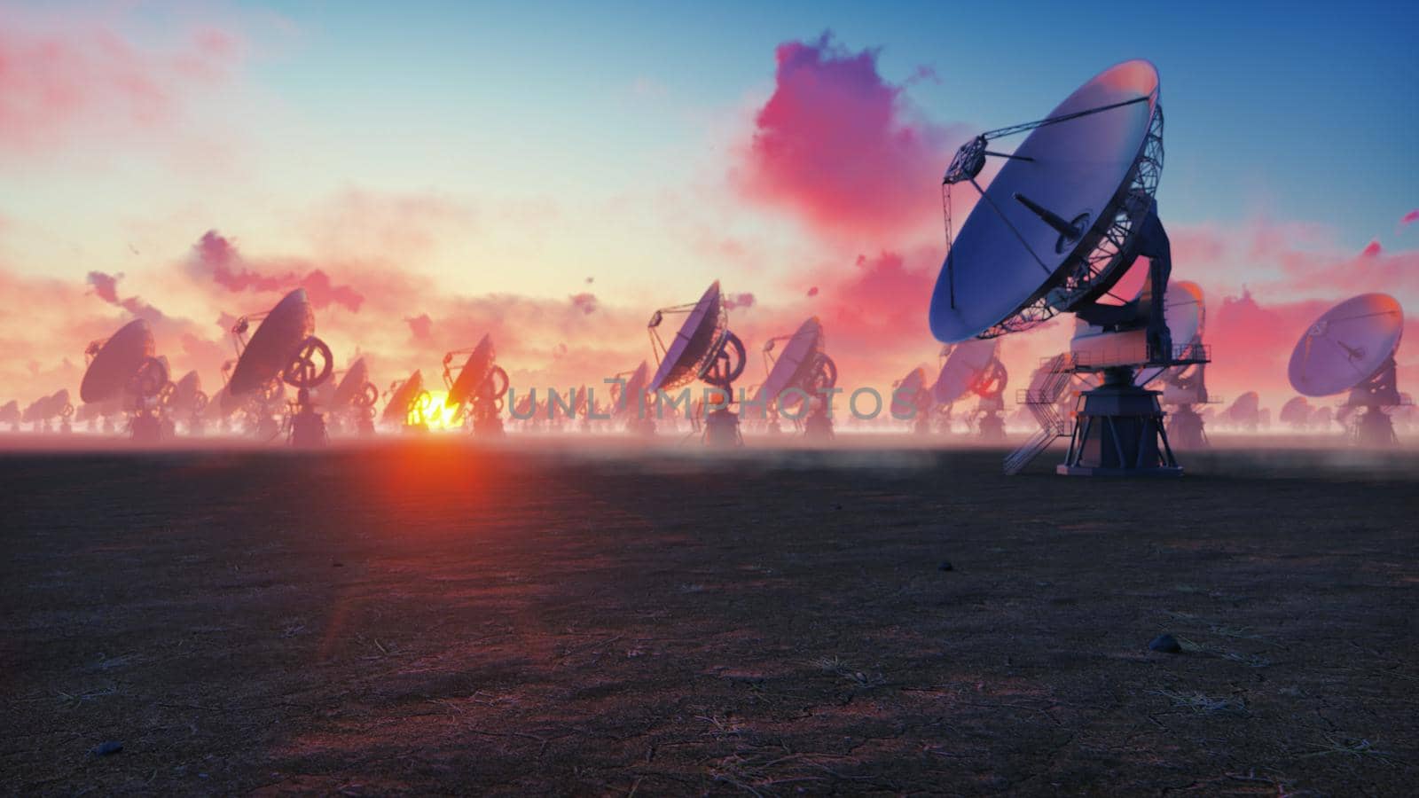 Large Array Radio Telescope. Time-lapse of a radio telescope in desert at sunset. 3D Rendering by designprojects