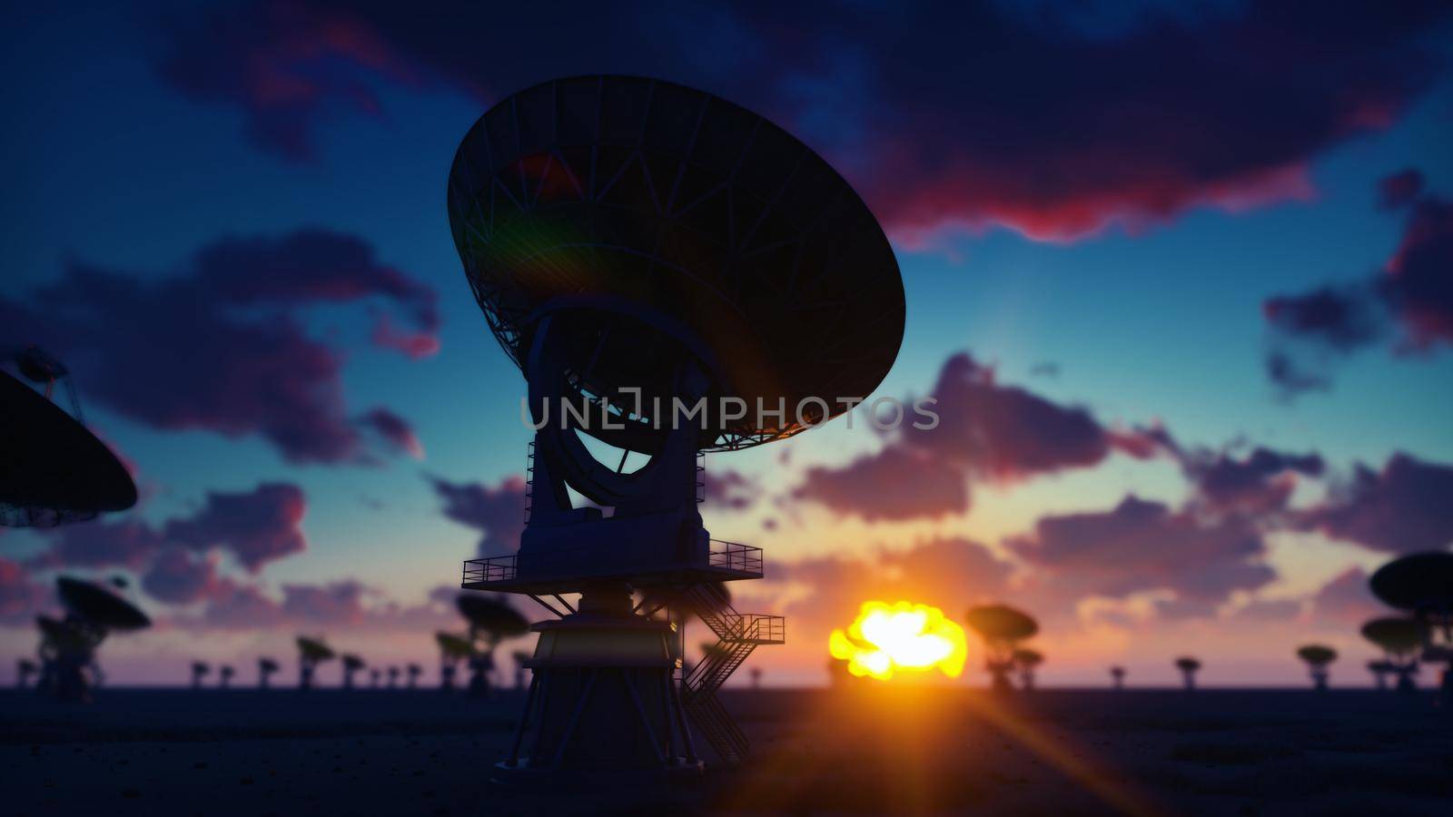 Large Array Radio Telescope. Time-lapse of a radio telescope in desert at sunrise against the blue sky. 3D Rendering by designprojects