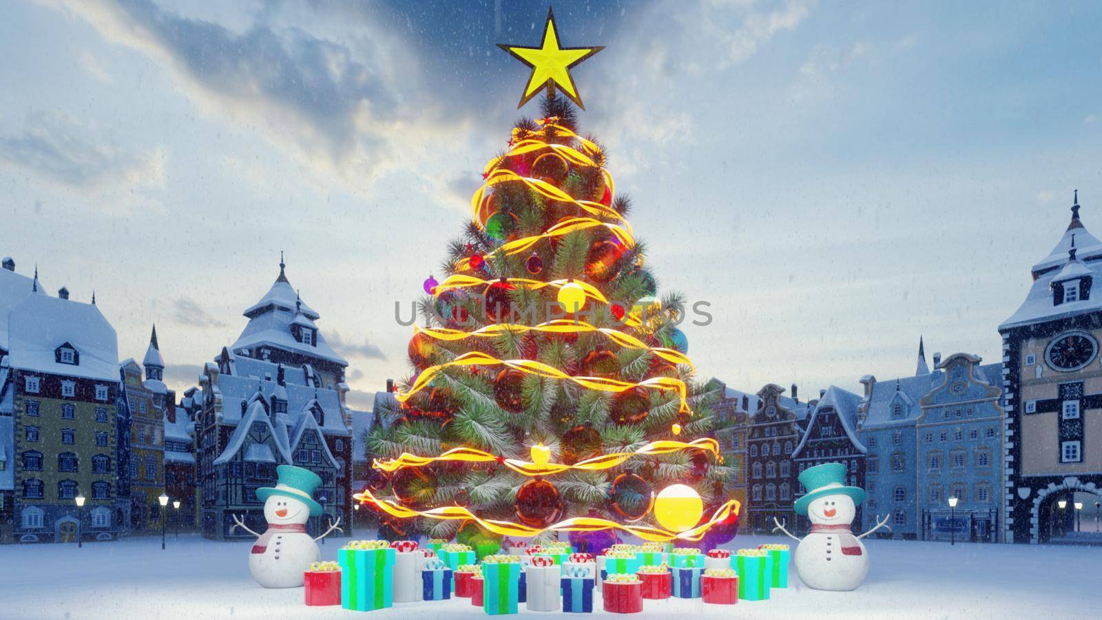 Christmas tree with colorful colorful balls. Snowmen and Christmas and new year decorations and gifts. A small town in anticipation of the holiday. 3D Rendering by designprojects