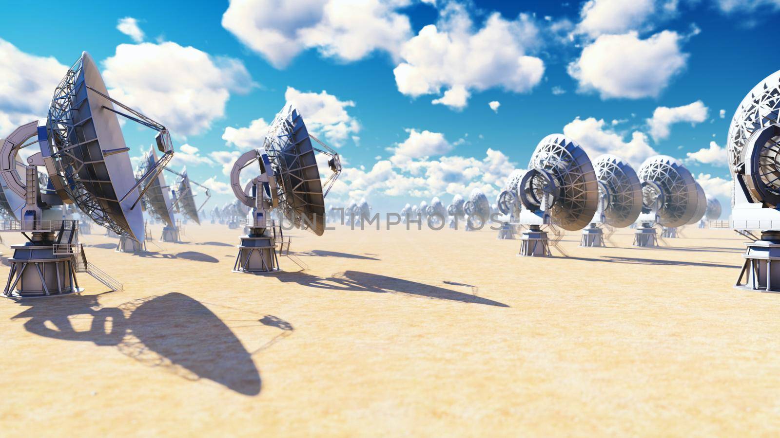 Large Array Radio Telescope. Time-lapse of a radio telescope in desert at sunny day. 3D Rendering by designprojects