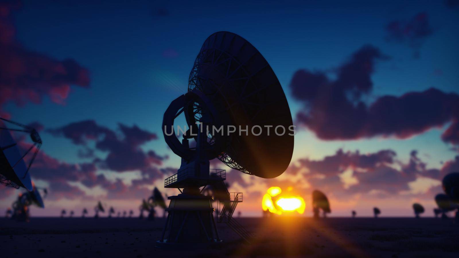 Large Array Radio Telescope. Time-lapse of a radio telescope in desert at sunrise against the blue sky. 3D Rendering by designprojects