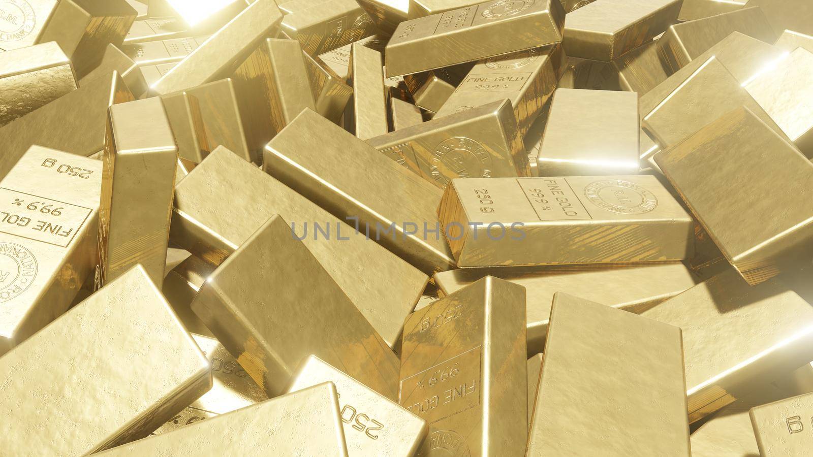 Animation of the camera flying over a pile of gold bars. 3D Rendering by designprojects