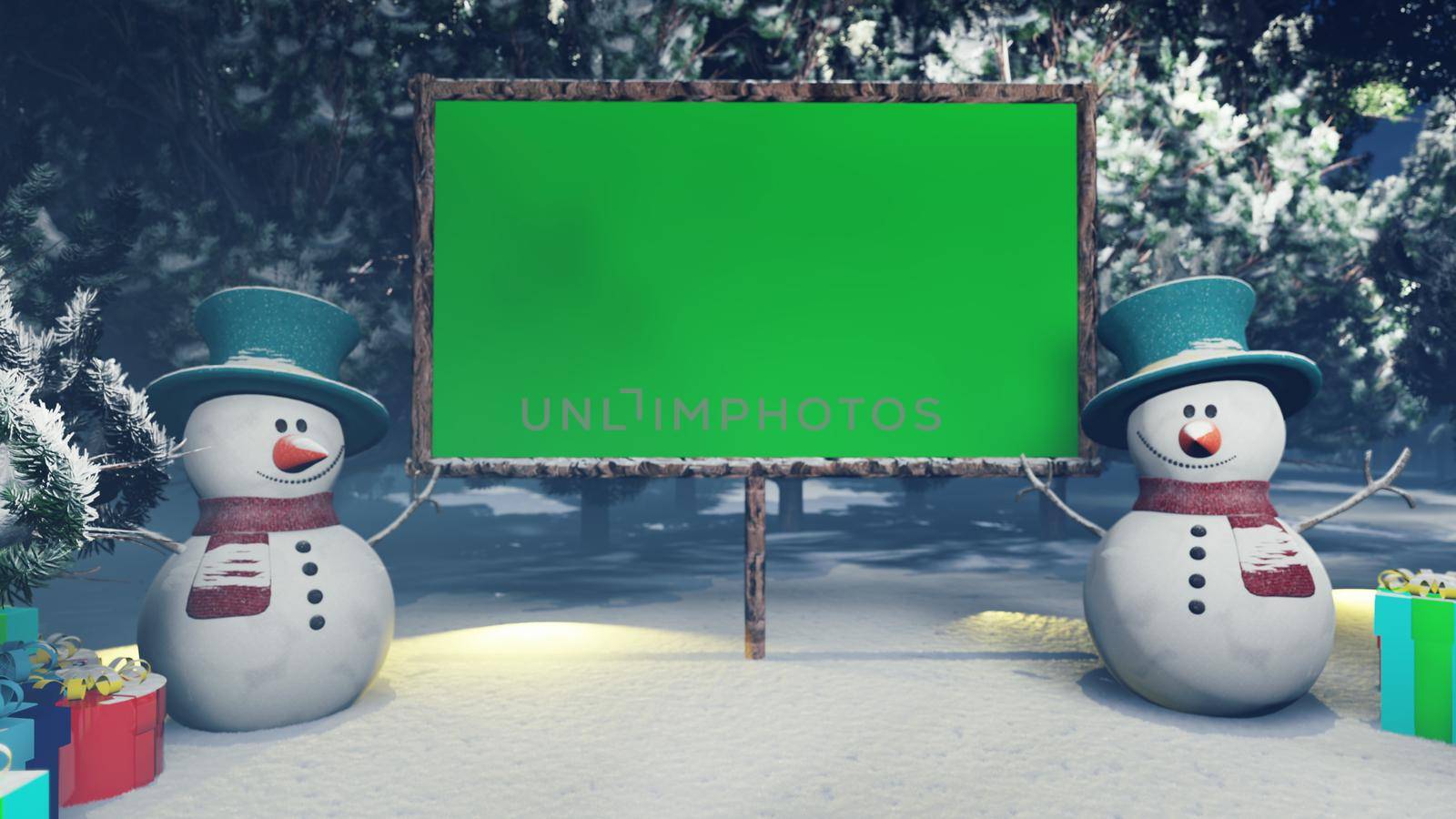 Christmas snowmen and banner with green screen in a snowy enchanted forest.