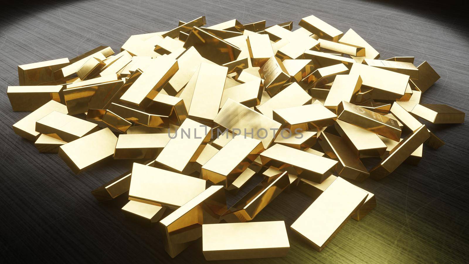 Animation of the camera flying over a pile of gold bars. 3D Rendering by designprojects