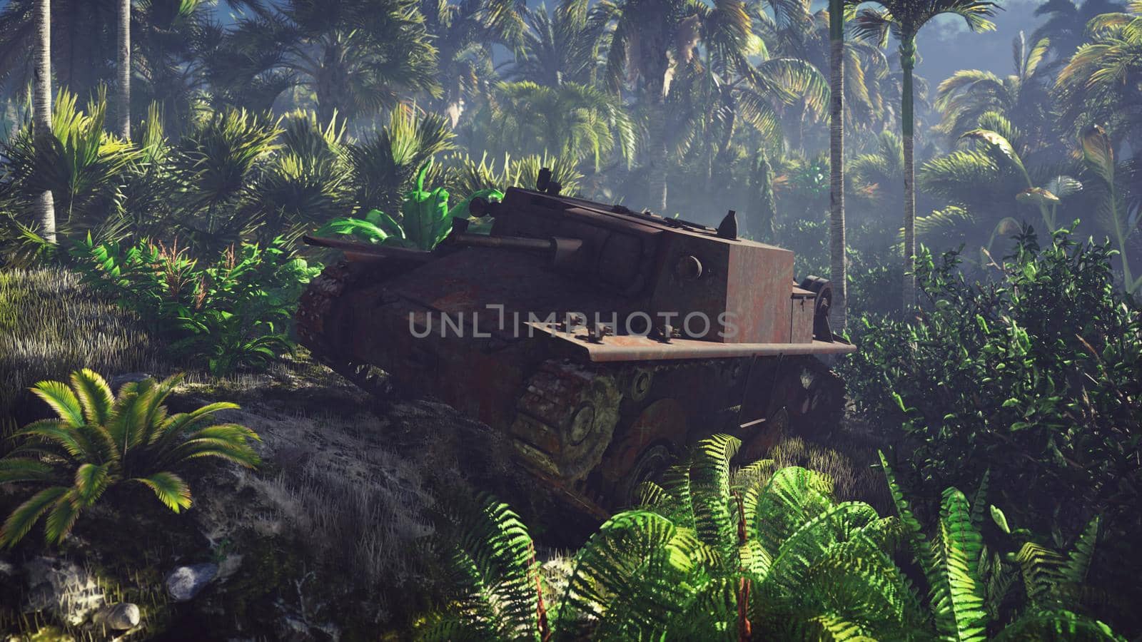 Wrecked tank lies in the jungle in the middle of palm trees and tropical vegetation.