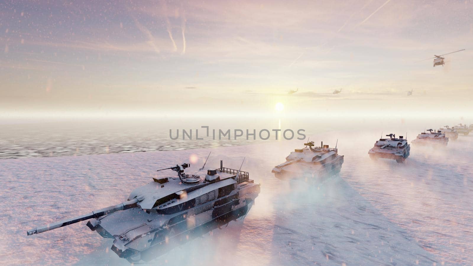 Military tanks and military helicopters move on a clear winter day on the battlefield.