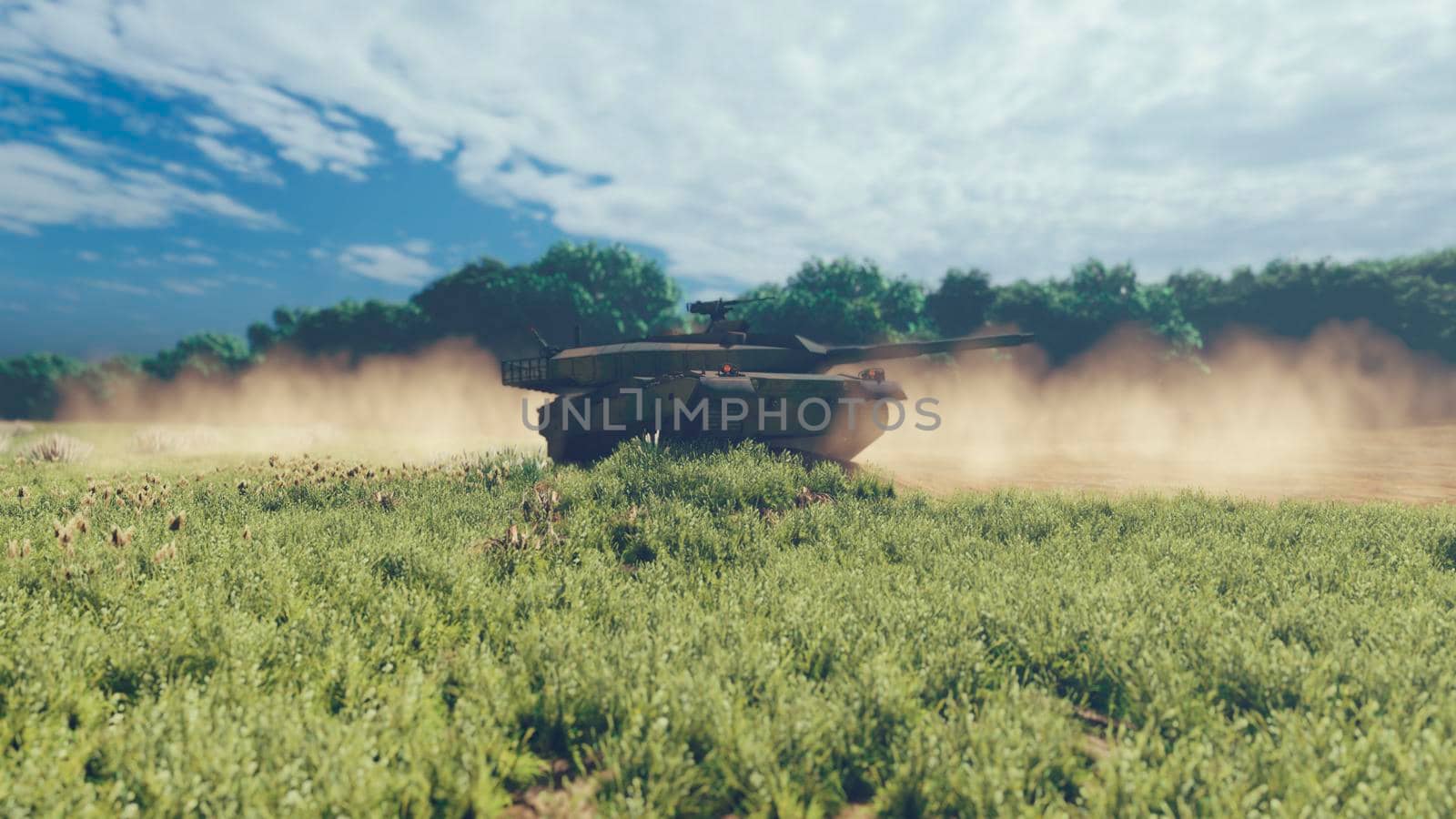 Military tank on a Sunny day, standing on the dusty field.