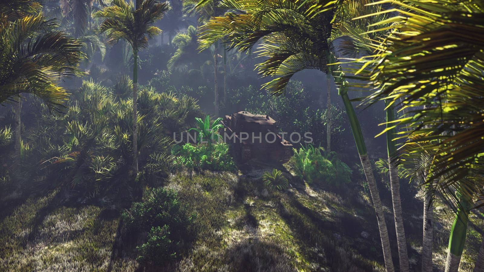 Wrecked tank lies in the jungle in the middle of palm trees and tropical vegetation.