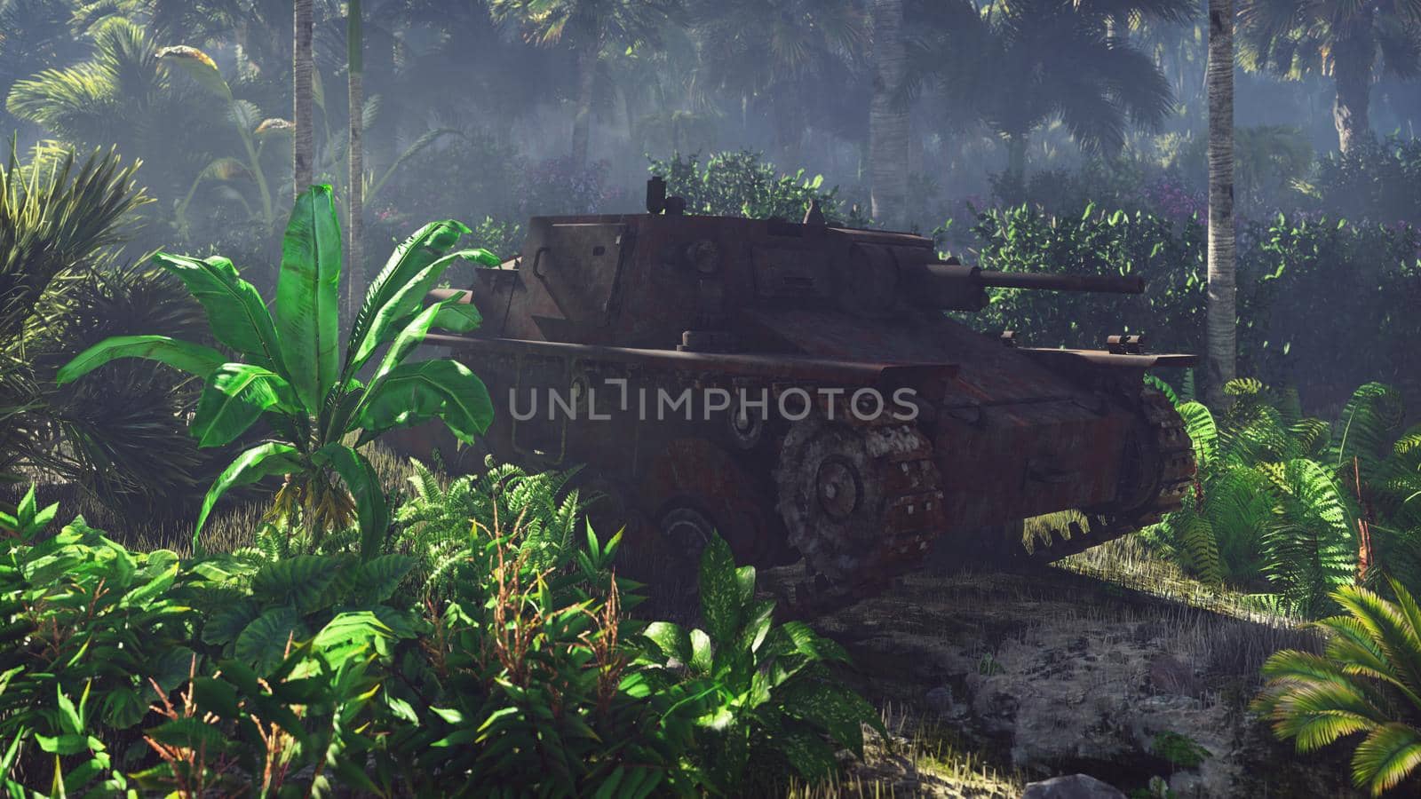 Wrecked tank lies in the jungle in the middle of palm trees and tropical vegetation.