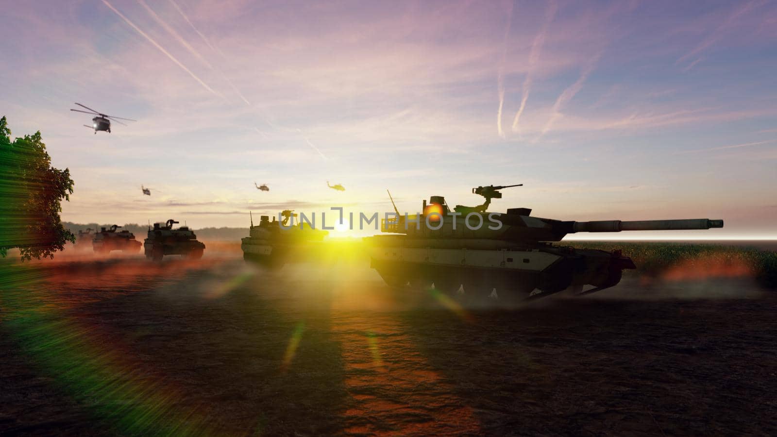 Military tanks and military helicopters move at sunset on the battlefield.