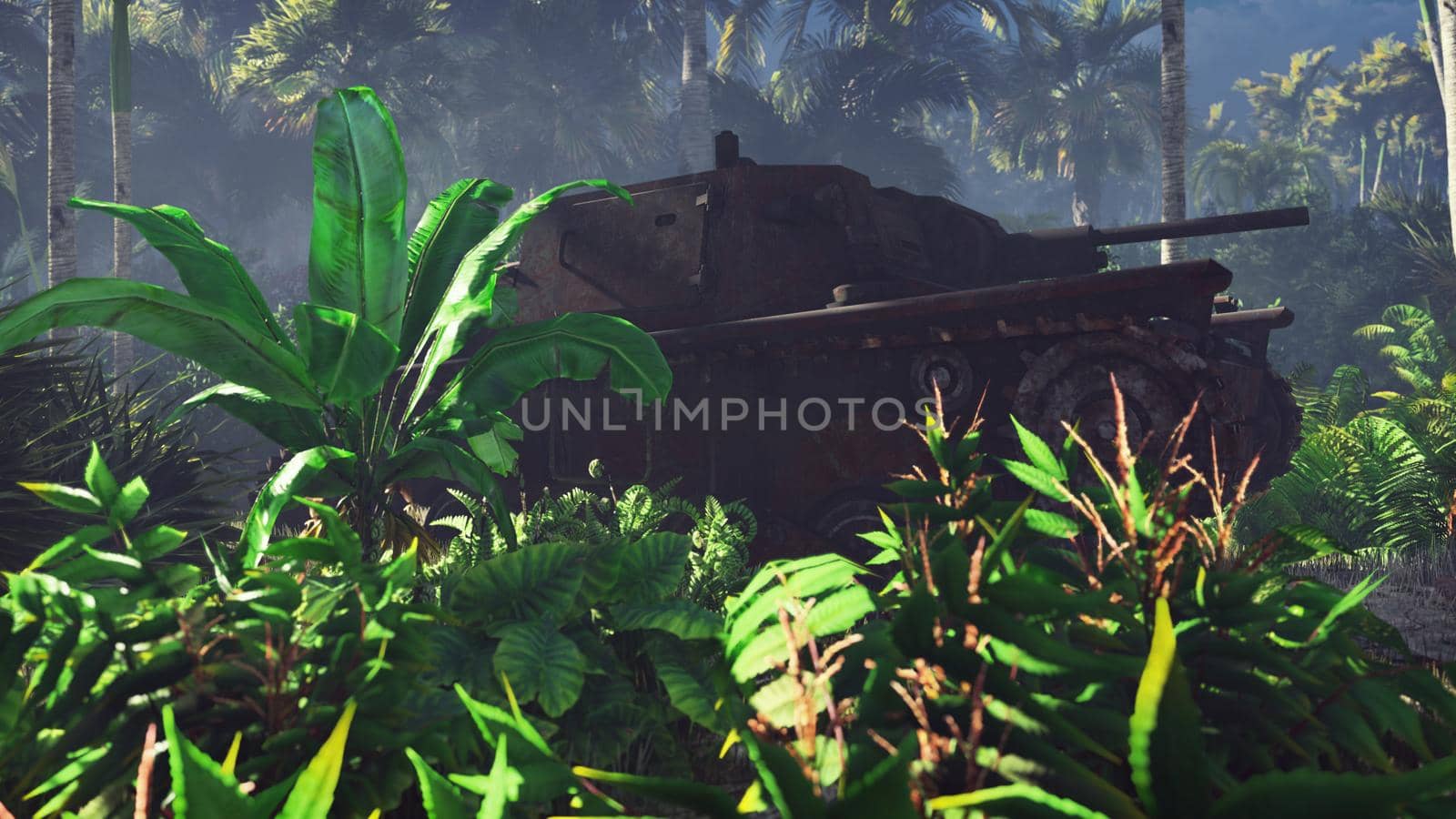 Wrecked tank lies in the jungle in the middle of palm trees and tropical vegetation.