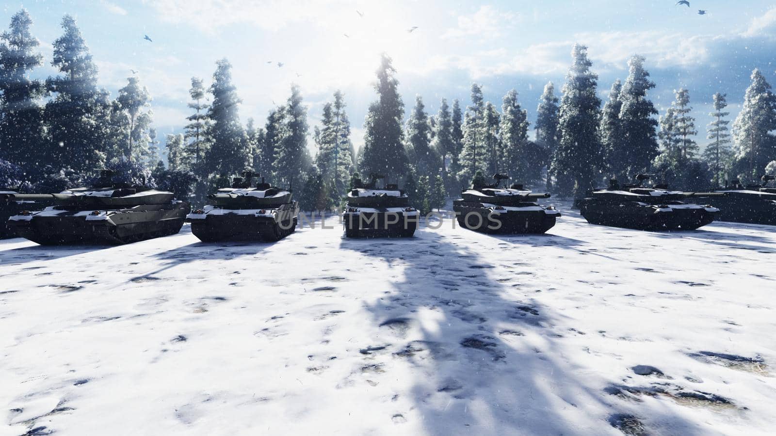 Military tanks clear Sunny winter day on the battlefield preparing to attack.