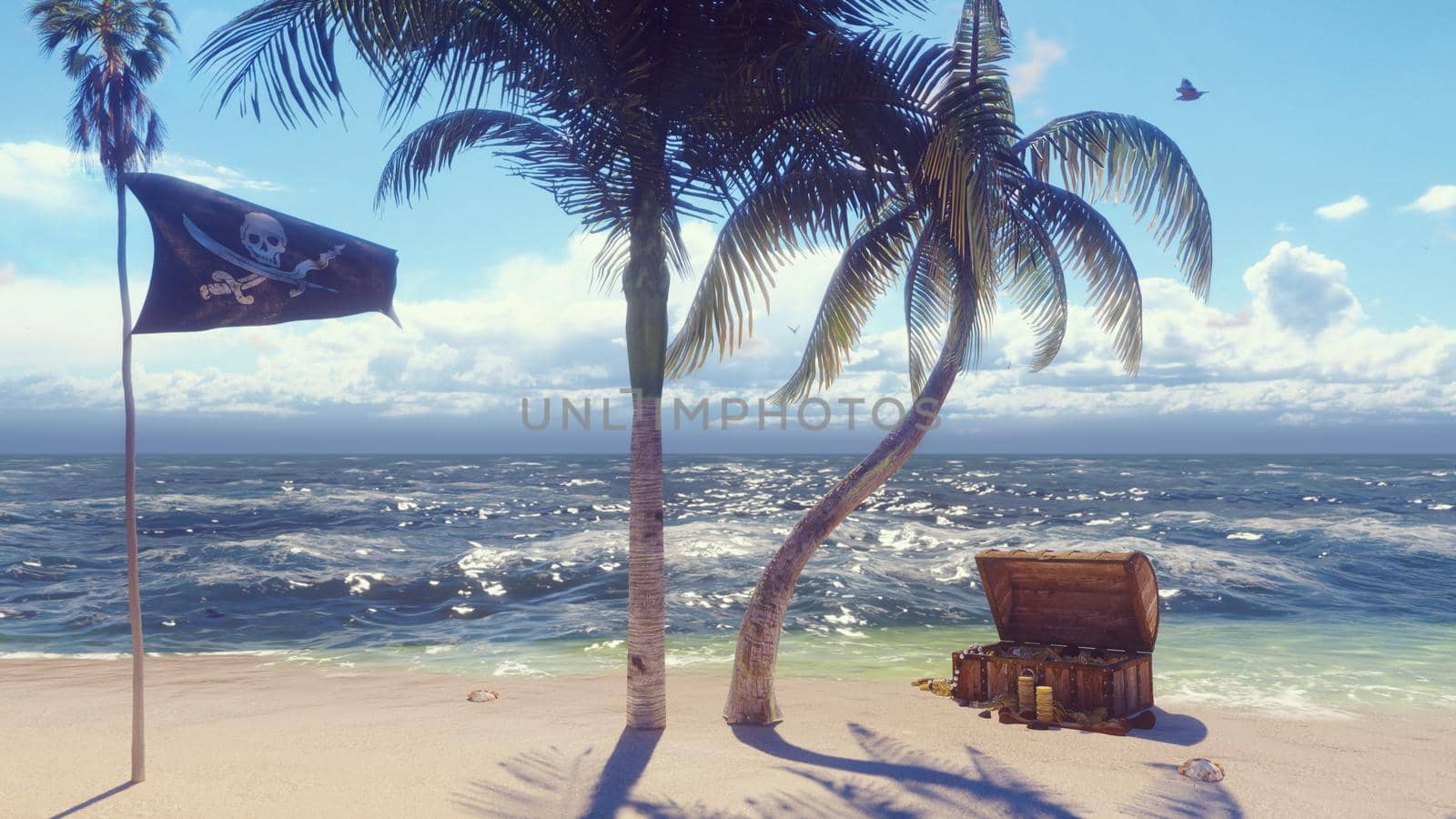 Sand, sea, sky, clouds, palm trees and summer day. Pirate island, chest of gold and pirate flag fluttering in the wind.