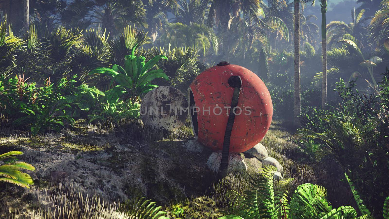 Wrecked space capsule lies in the jungle in the middle of palm trees and tropical vegetation. 3D Rendering by designprojects