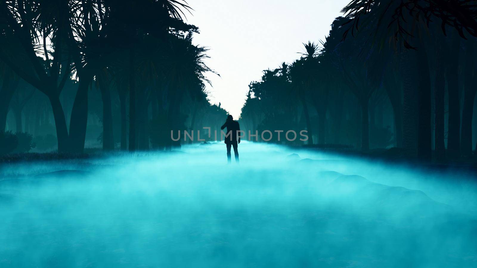 A tourist with a phone got lost in a dark scary mystical foggy forest. Fairy forest with tall firs in a thick fog. 3D Rendering by designprojects