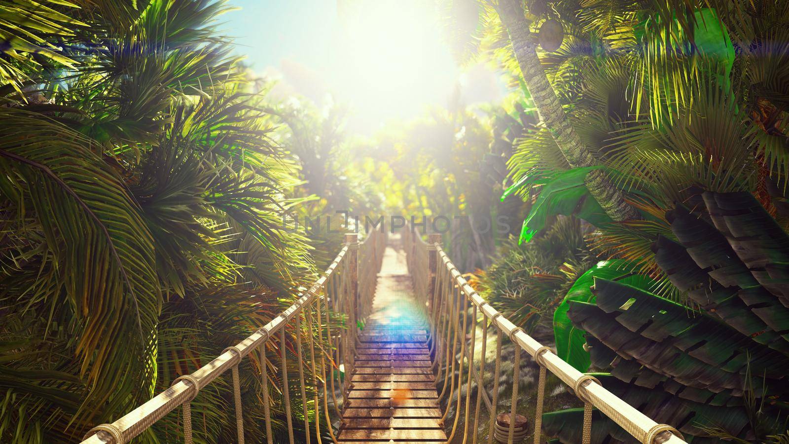 Wooden bridge over the green jungle. Green jungle trees and palm trees with blue sky and bright sun. 3D Rendering by designprojects