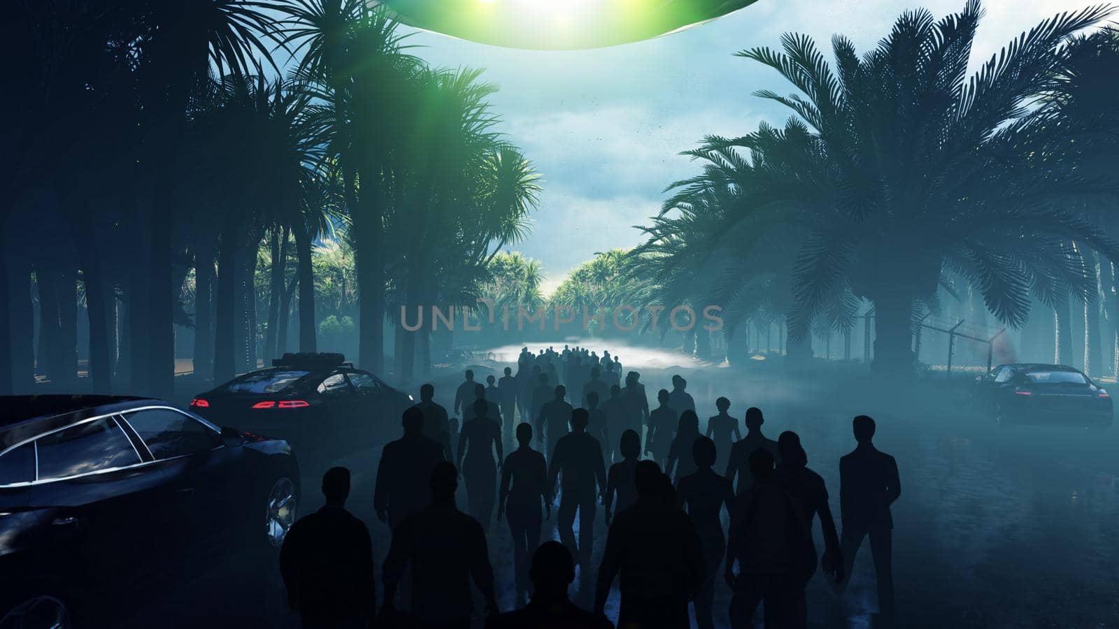 A crowd of people is on the call of aliens. People walk on the wet highway over which flies an alien UFO. For fiction, futuristic, sci-fi or interstellar backgrounds.