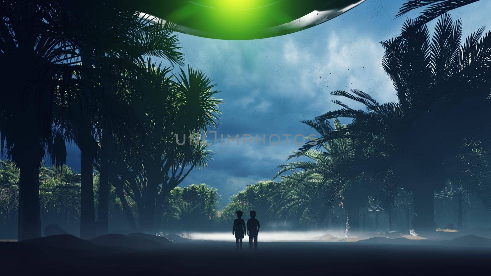 A little boy and girl at dusk walk along the wet highway, over which an alien UFO flies. For sci-fi, futuristic, sci-fi or interstellar backgrounds. 3D Rendering by designprojects
