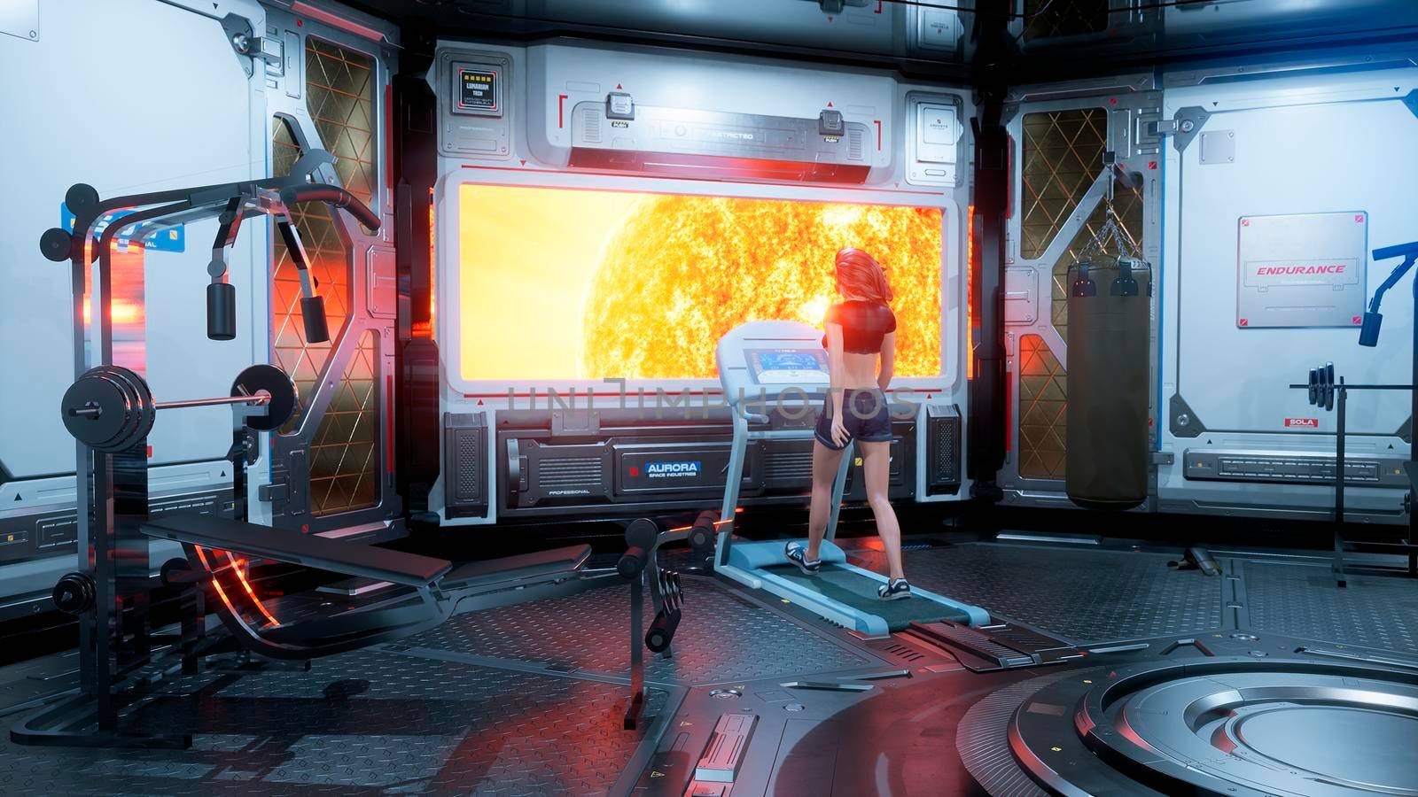 In the gym on a futuristic spaceship, a beautiful athlete runs on a treadmill in front of a porthole overlooking a burning star. 3D Rendering by designprojects