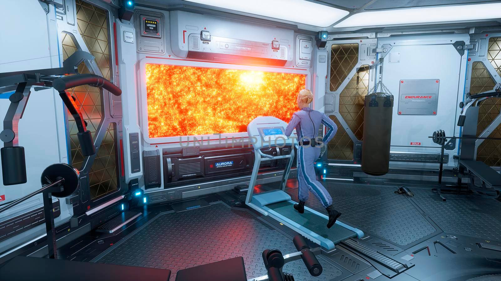 A female astronaut athlete runs on a treadmill in a gym on a futuristic spaceship in front of a porthole overlooking a burning star. 3D Rendering by designprojects