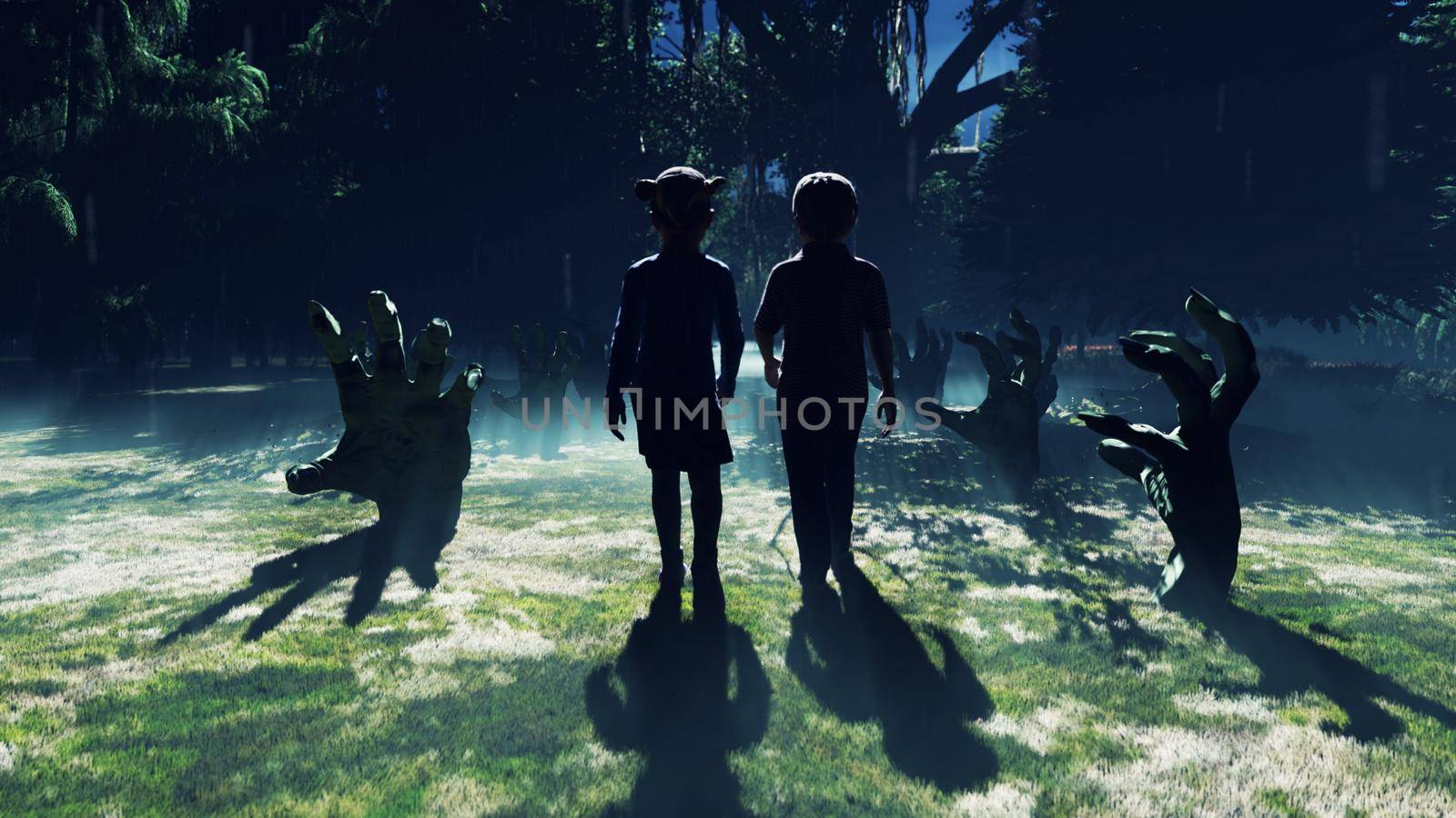 Little children walk through a dark mysterious misty swamp forest landscape. Dead hands reach for them from the ground, steam rises from the swamp, for a Halloween backdrop.