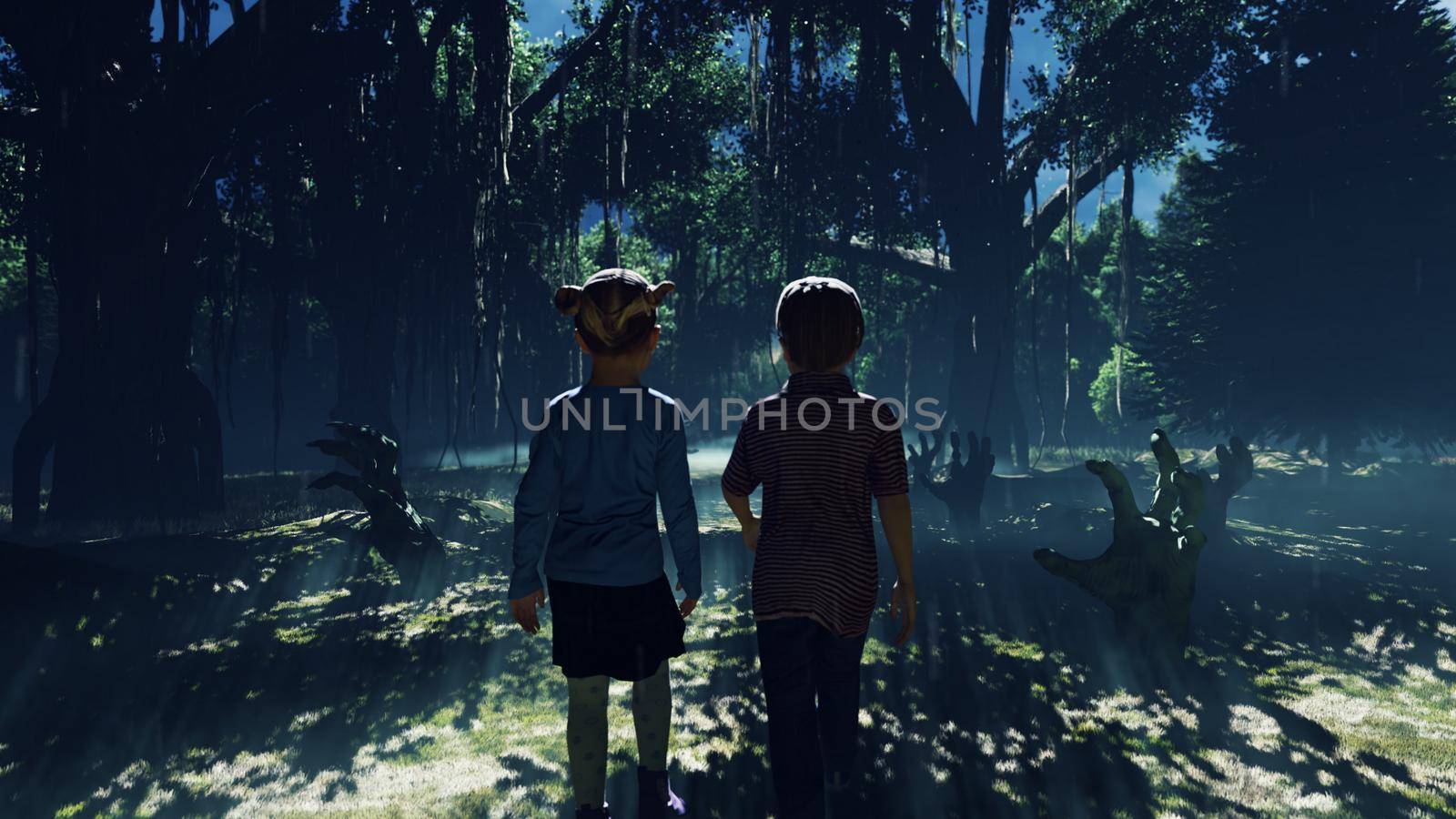 Little children walk through a dark mysterious misty swamp forest landscape. Dead hands reach for them from the ground, steam rises from the swamp, for a Halloween backdrop.