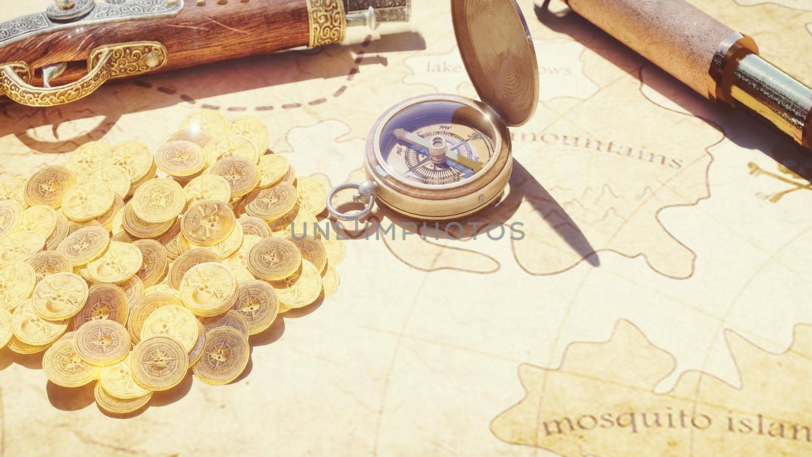Pirate compass with pistol and spyglass lie on the treasure map. Pirate treasure and old pirate map on pirate island.