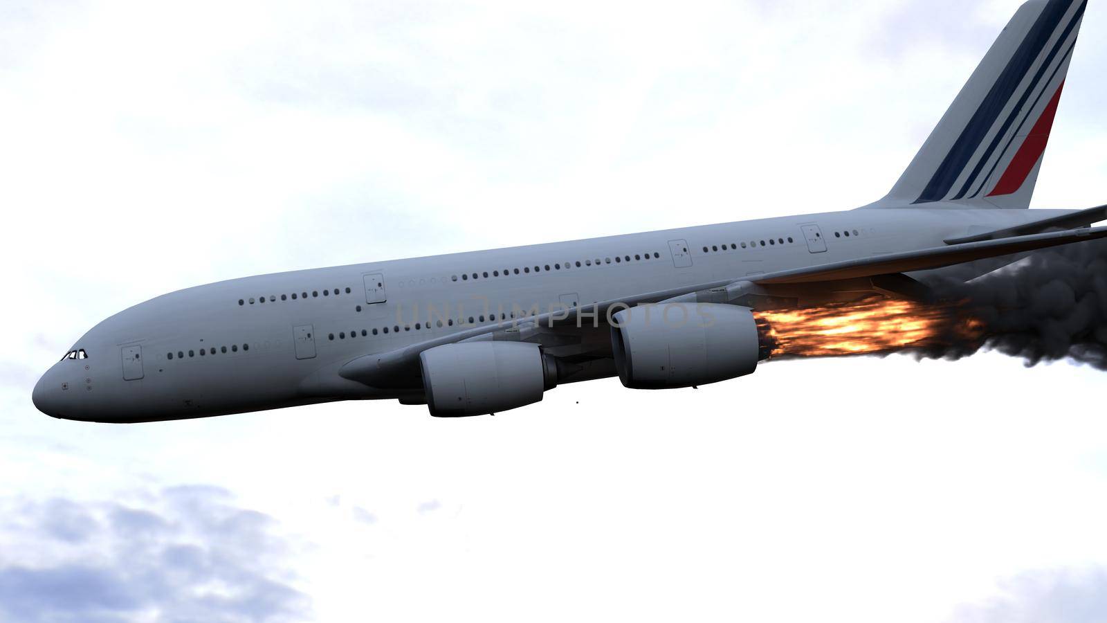 The engine of the aircraft caught fire and burns with the release of black smoke.