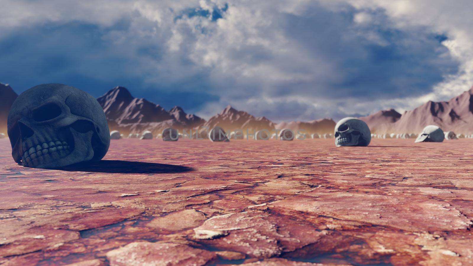 Mystical apocalyptic view, hot sultry desert and skulls on the cracked earth, disturbing sky with storm clouds and mountains in the distance. 3D Rendering by designprojects