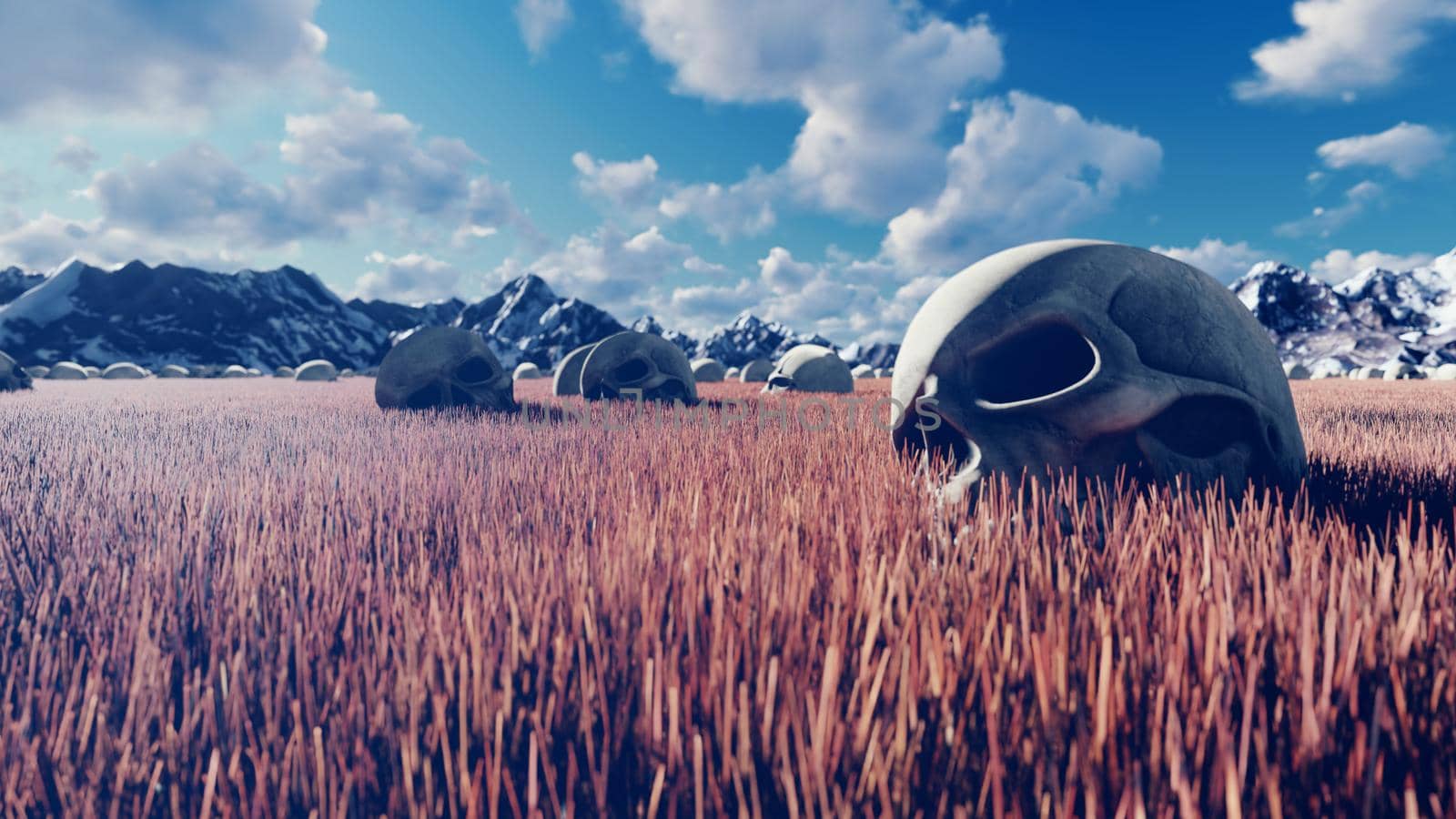 Mystical view, unusual grass, old skulls on the ground, blue sky with clouds, morning sun and mountains in the distance. 3D Rendering by designprojects