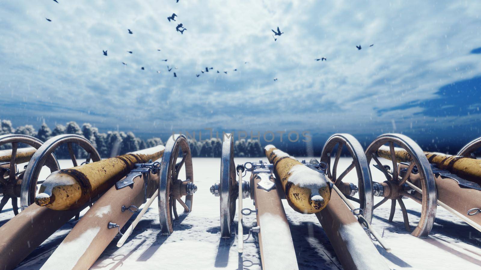 Medieval cannons in the winter field, in the snow on a cloudy day, before the battle. Falling snow, drifts and cannons ready for battle. 3D Rendering by designprojects