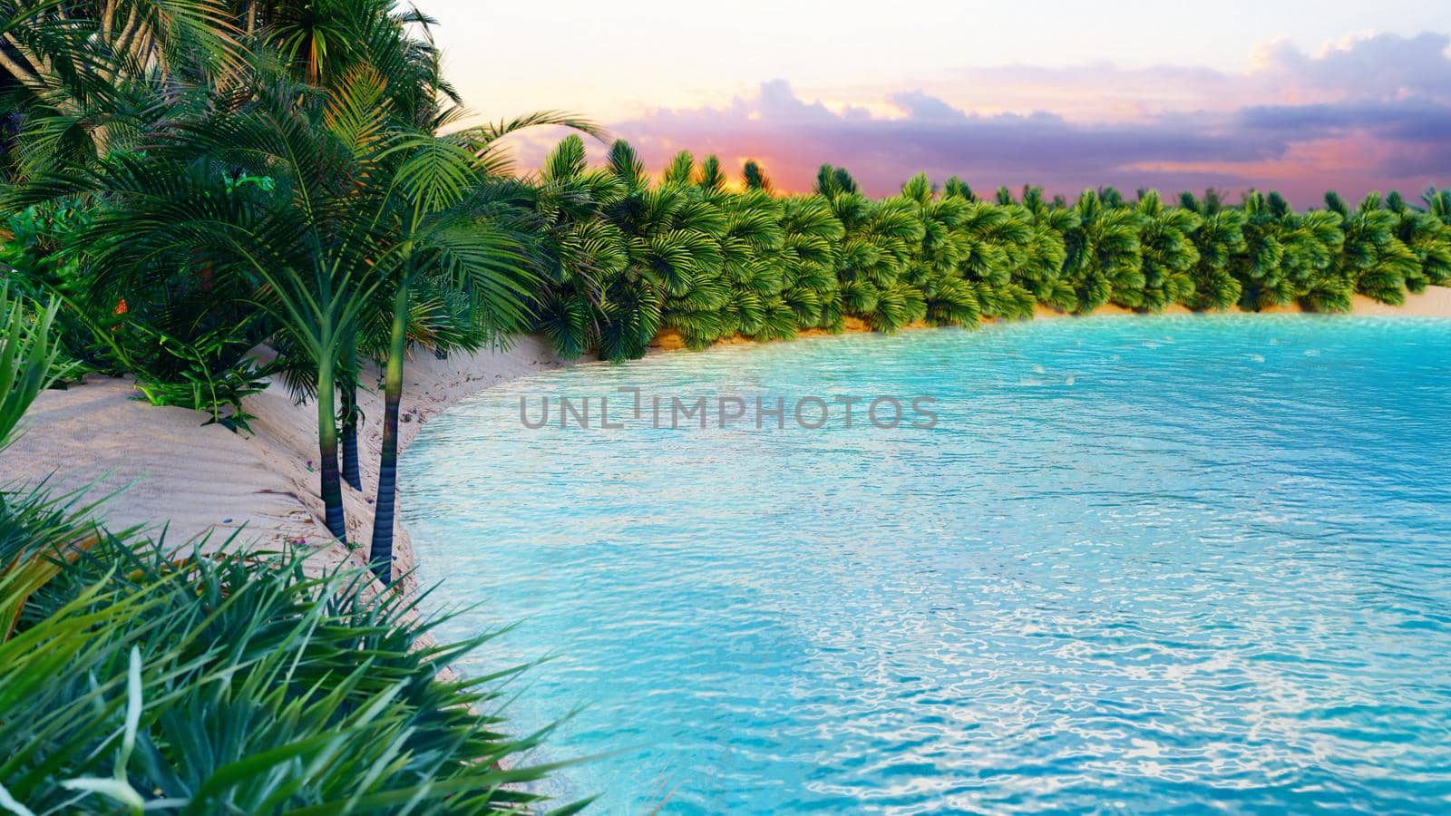 Amazing fantastic oasis in the desert. Clear day. Mountains, sand dunes, palm trees and a sultry sky with clouds. 3D Rendering by designprojects