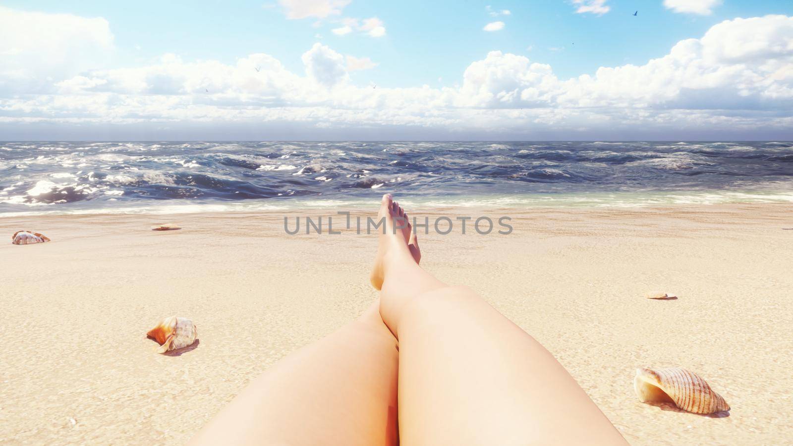 Beautiful scene of female sexy feet on the ocean beach at sunrise.