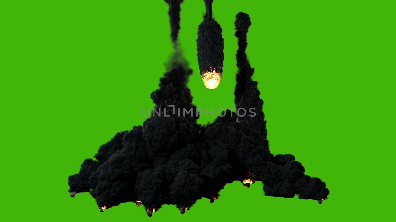 A high-quality cinematic of a shooting star or meteor flying from the sky, lighting up the darkness and releasing clouds of smoke in front of a green screen. 3D Rendering by designprojects