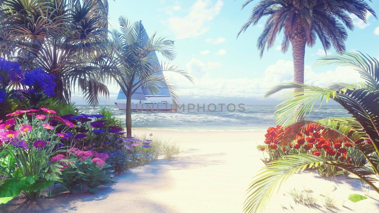 Beautiful yacht swims past the beautiful beach, washed by the ocean wave. 3D Rendering by designprojects