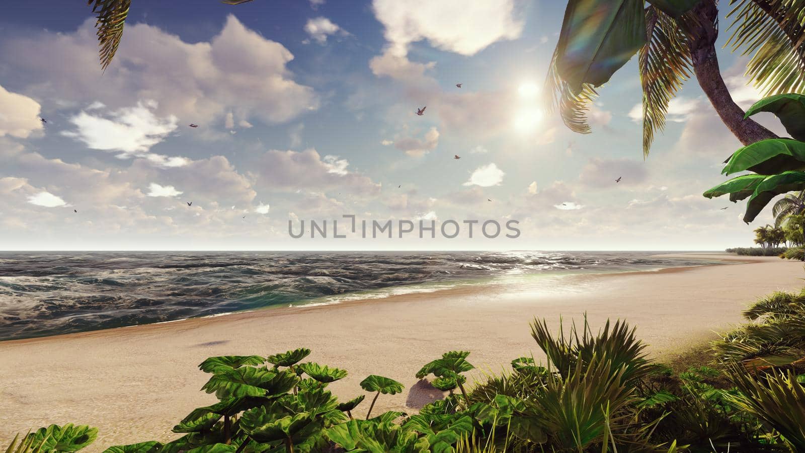 Branches of palm trees and tropical plants in the wind at sunrise. 3D Rendering by designprojects