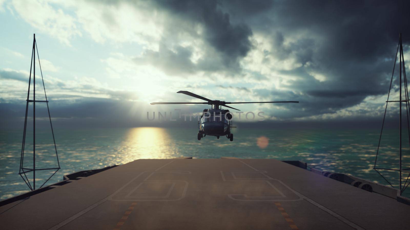 Military helicopter Blackhawk lands on an aircraft carrier in the endless blue ocean.