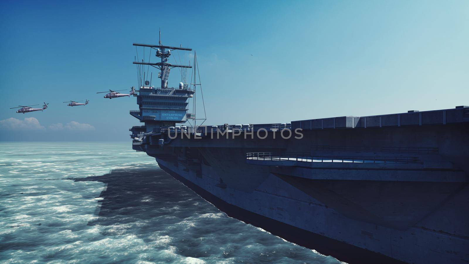 Military helicopters Blackhawk take off from an aircraft carrier at clear day in the endless sea. 3D Rendering by designprojects