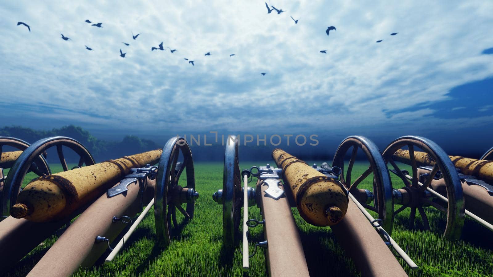 Medieval Cannon in a field in the middle of green grass at sunrise before the battle. 3D Rendering by designprojects