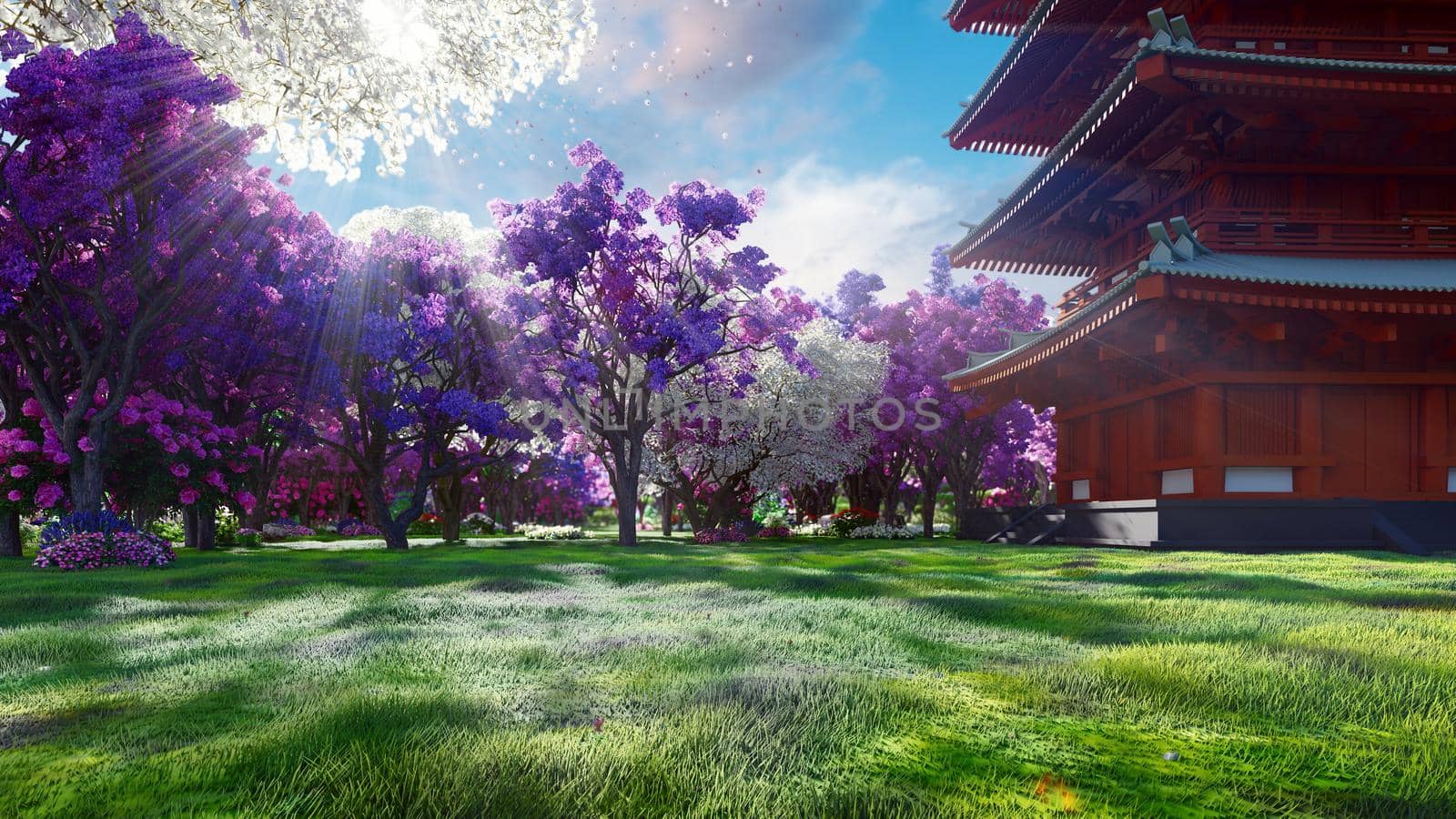 A sakura blooms in spring on the background of mountains, Japanese temple and fields of flowers. Travel and adventure, amazing spring landscape. 3D Rendering by designprojects